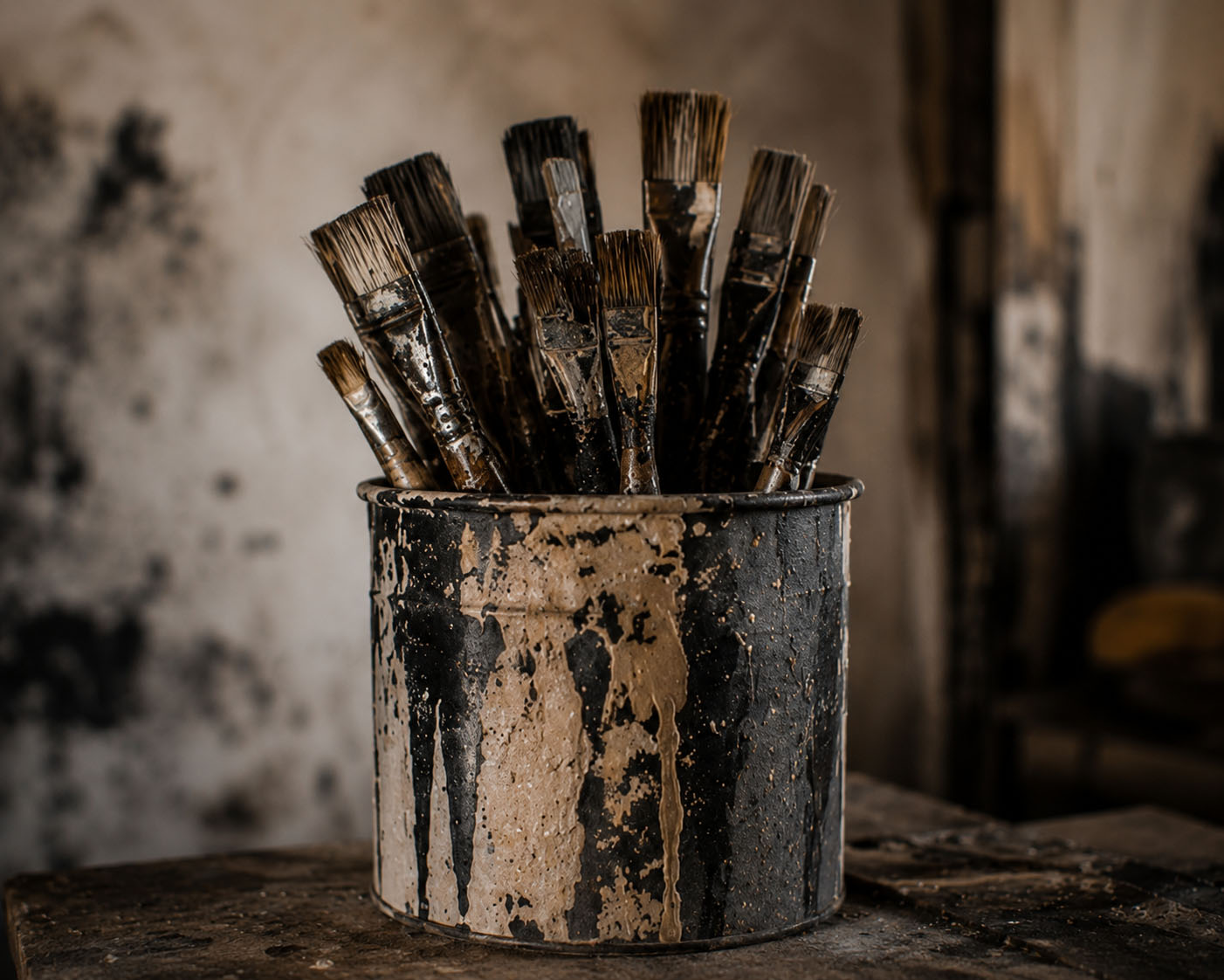 Well-used paint brushes in a weathered paint bucket inside the Aimless Feathers art studio, reflecting the handcrafted creative process behind original artwork and custom finishes.