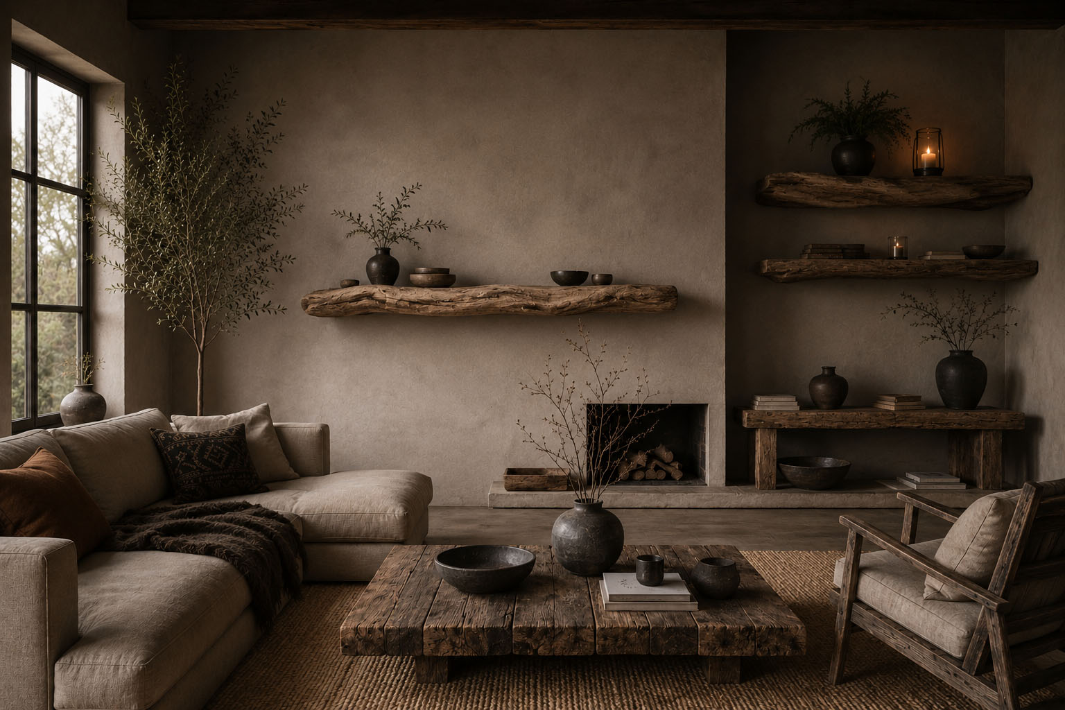 Handcrafted reclaimed driftwood floating shelves styled in a warm organic modern living room with plaster walls, natural textures, and wabi-sabi design inspiration.