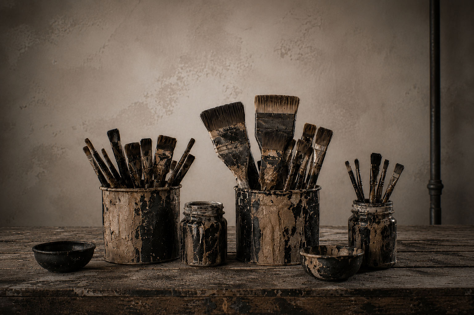 Paint-covered brushes and jars inside the Aimless Feathers art studio in San Rafael, where original artwork and custom finishes are created by hand.